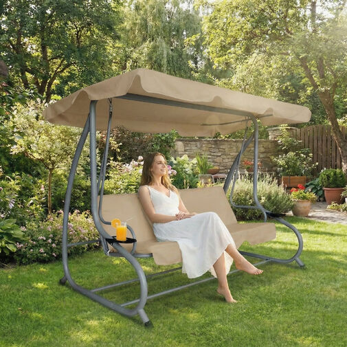 11493A • Kerti hintaágy - 200 x 120 x 164 cm - sötét bézs - pohártartóval