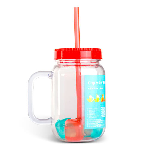 57160P • Szívószálas pohár - piros - 4 db hűthető jégkockával, 550ml,  17 x 7.5 x 13.5 cm