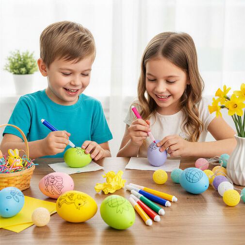 57994B • Húsvéti festhető tojások 4 db filctollal - 6 színes tojás - 6 cm