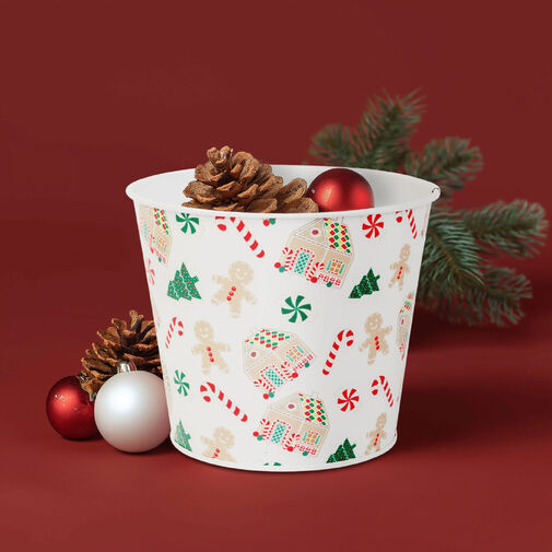 59733B • Karácsonyi dekoráció - fém kaspó, vödör - házikó - 13 x 11 cm